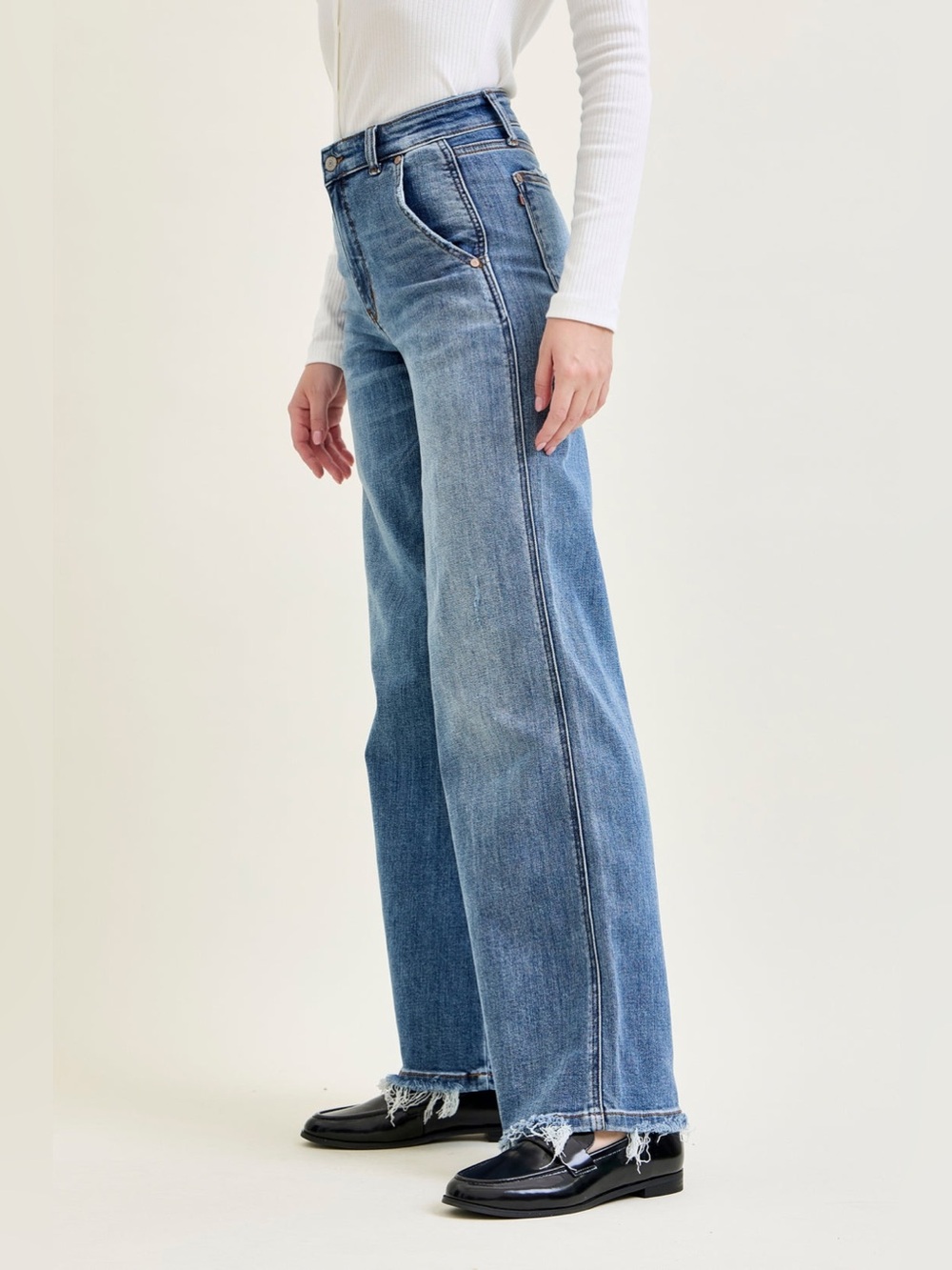 JUDY BLUE Retro Wide Leg Classic High-Rise Blue Jeans 29 9 Stretchy Distressed